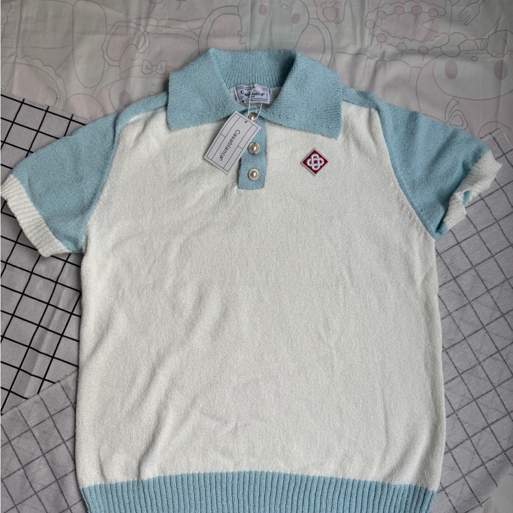 Casablanca Cream & Light Blue Knit Polo with Logo Patch